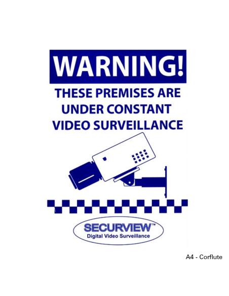 A4 sized (300 x 210mm) weatherproof UV resistant corflute CCTV warning sign for placement in prominent position to deter would-b