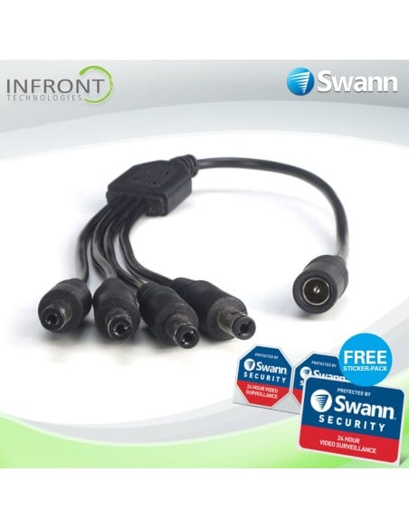 Max Draw: 5A. 1 to 4 Way DC Power Splitter CCTV for Security Cameras. Splits Into 4 x 2.1mm x 5.5mm x 12mm Barrel Socket.