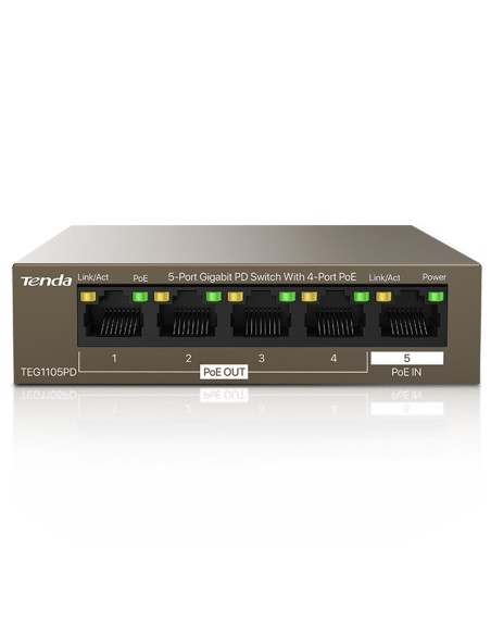 Tenda 5-Port Gigabit PD Switch with 4-Port PoE (1 PoE in 4 PoE out No Power Supply Needed) - TN-TEG1105PD