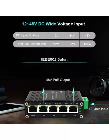 Network Switch 4-Port PoE+ Input 12~48VDC IF-104PU12/48
