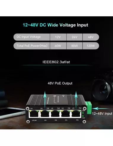 Network Switch 4-Port PoE+ Input 12~48VDC IF-104PU12/48