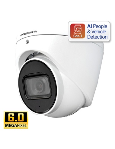 Close-up of a 6MP AI surveillance camera with IP67 weatherproof metal housing