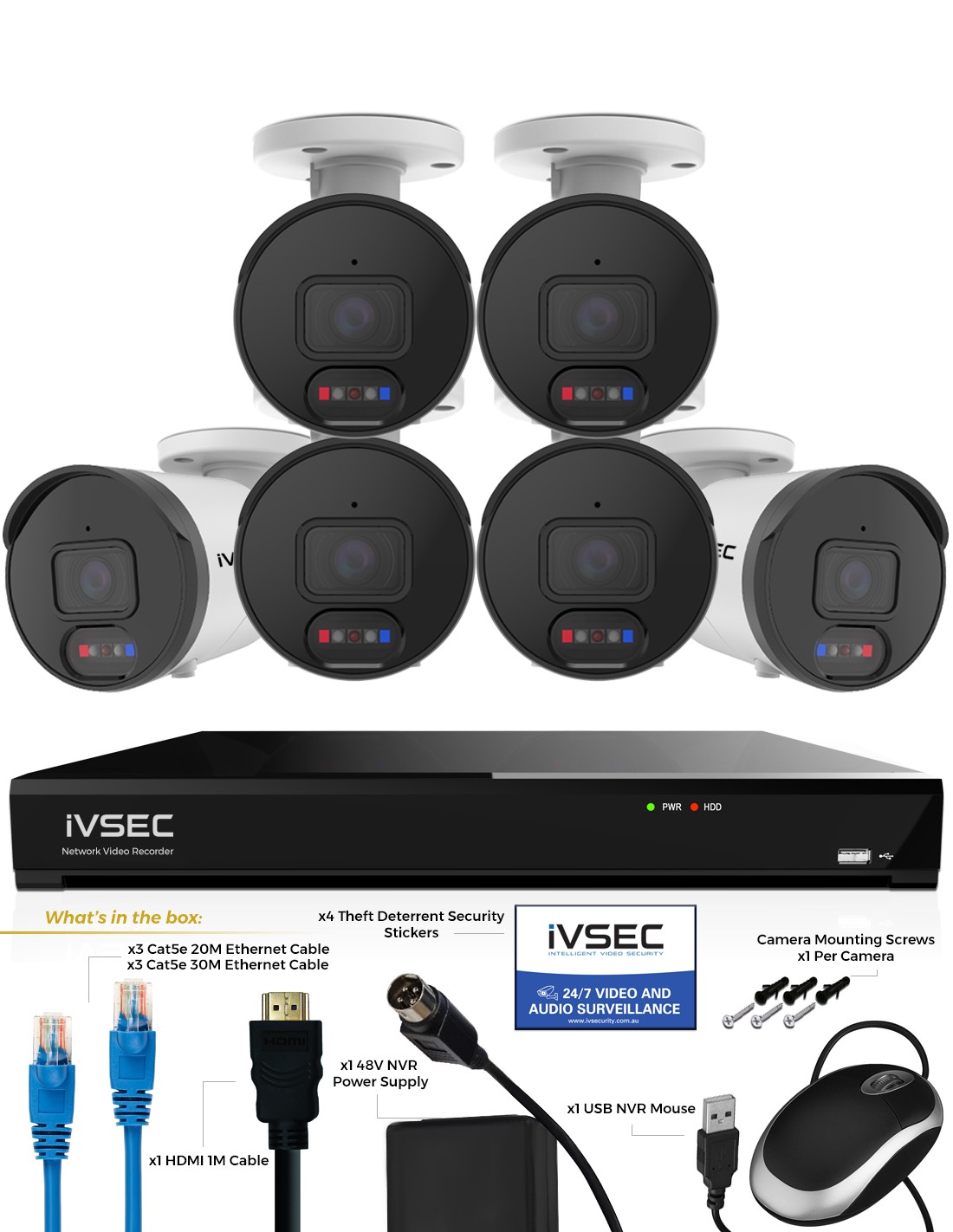 IVSEC 4K AI CCTV – 8CH NVR + 6x Bullet Cams & 2TB IVK8L-8506B-2T-E10