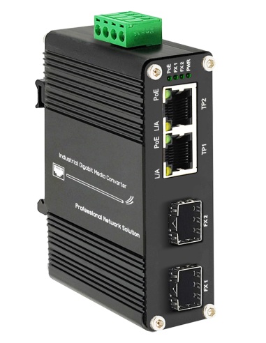 Industrial Gigabit PoE Fibre Media Converter 12-48V Input + 2xSFP 2xPoE