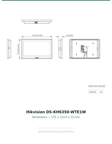 DS-KH6350-WTE1W — technical dimensions drawing (front / side / back, mm / inch)