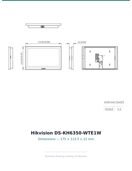 DS-KH6350-WTE1W — technical dimensions drawing (front / side / back, mm / inch)