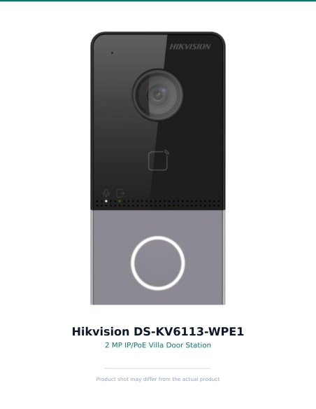 Hikvision DS-KV6113-WPE1 — front view, 2 MP HD camera and integrated Mifare reader