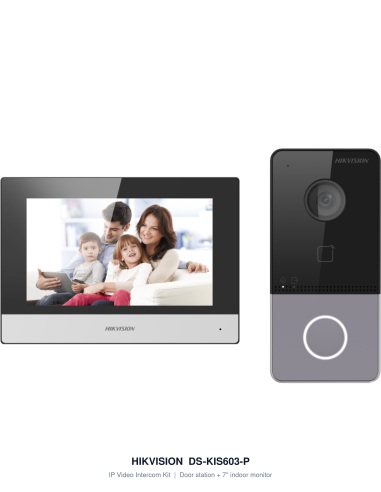 Hikvision DS-KIS603-P IP video intercom kit — DS-KV6113-WPE1 villa door station paired with DS-KH6320-WTE1 7-inch indoor monitor