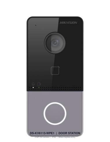 DS-KV6113-WPE1 2 MP IP PoE villa door station — front view, 131° wide-angle camera, Mifare keyless entry, IP65 outdoor housing