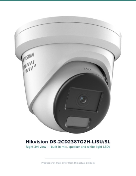 Hikvision DS-2CD2387G2H-LISU/SL2 — 3/4 side view of the metal body and mounting base
