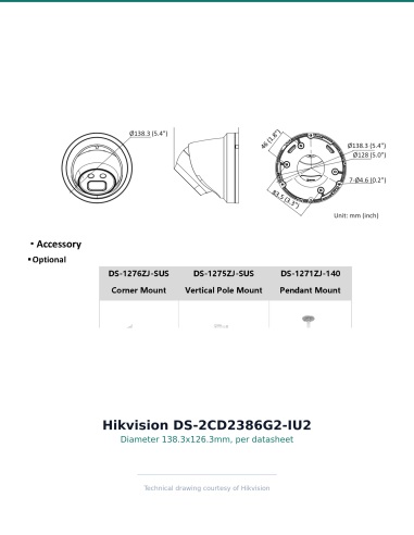Hikvision DS-2CD2386G2-IU2 — datasheet dimensions (138.3 x 126.3 mm body)