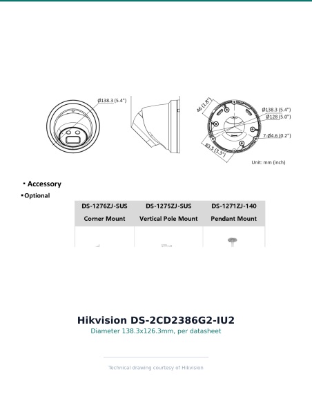 Hikvision DS-2CD2386G2-IU2 — datasheet dimensions (138.3 x 126.3 mm body)