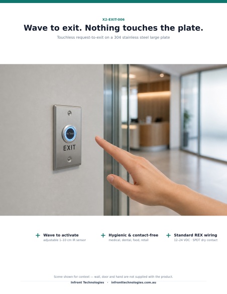 X2-EXIT-006 in use — touchless request-to-exit installed on a commercial entry wall, hand hovering just in front of the No-Touch