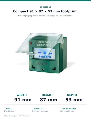 Gianni CP-32GBZ-LB dimensions and feature row — 91 × 87 × 53 mm surface housing, DPDT relay (5A @ 250VAC), blue backlit press-he