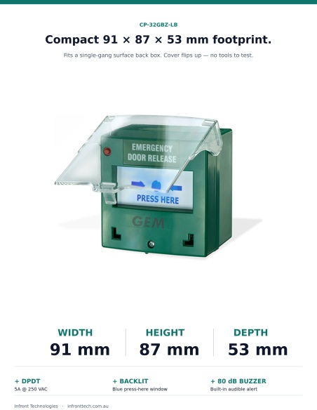 Gianni CP-32GBZ-LB dimensions and feature row — 91 × 87 × 53 mm surface housing, DPDT relay (5A @ 250VAC), blue backlit press-he