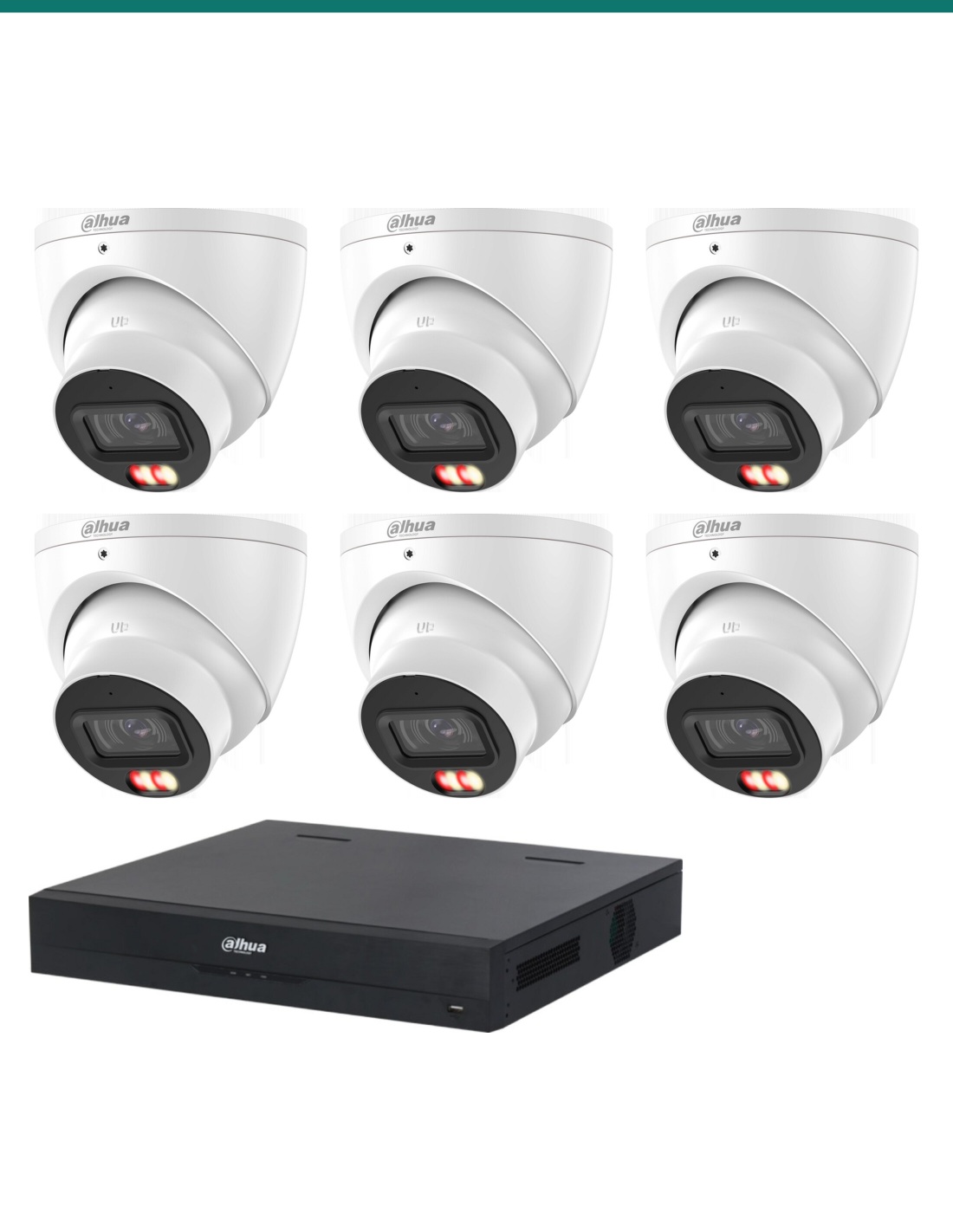 Dahua 8MP Dual Light 4K Kit — 6× HDW3867EM-S-IL-ANZ + 8CH NVR4108HS-8P-AI/ANZ — kit layout. Product shot may differ from the act