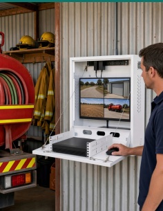 RFS brigade shed install — 24SECCAB cabinet with monitor and NVR at the back of the shed