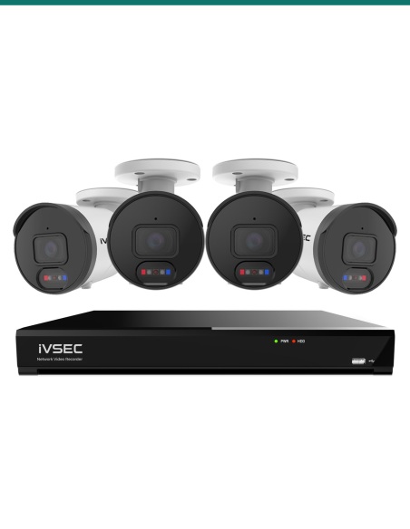 IVSEC IVNR8-8000-2T 8-channel NVR with four IVNC-850B 8MP AI bullet cameras