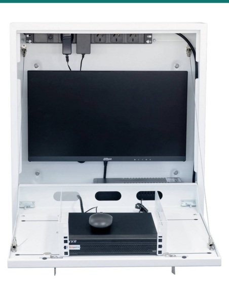 Datatek 24SECCAB wall cabinet open — monitor plate, 2RU rail, PDU — Product shot may differ from the actual product.