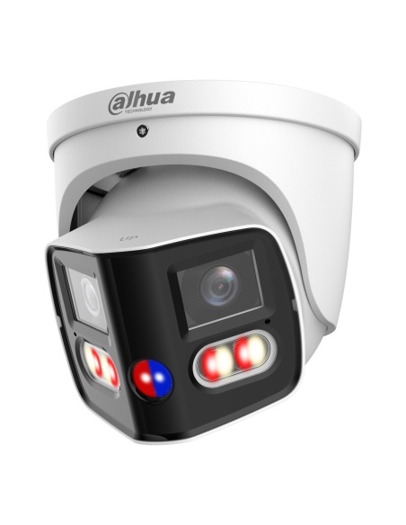 Dahua DH-IPC-PDW3859-A180-AS-PV-ANZ white three-quarter view, red and blue warning lights