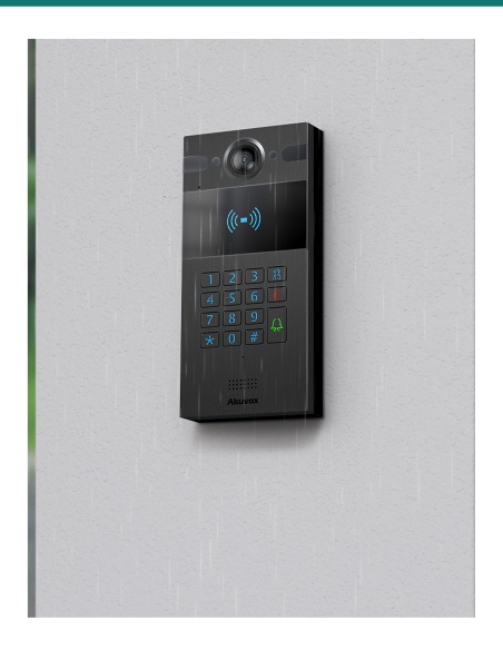 Akuvox R25K black door phone surface-mounted on an outdoor wall