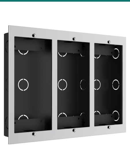 Akuvox three-unit in-wall box — left three-quarter view