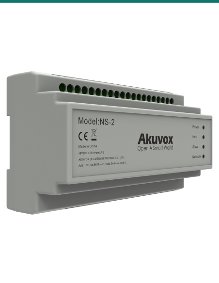 Akuvox NS-2 2-wire network switch — right three-quarter view