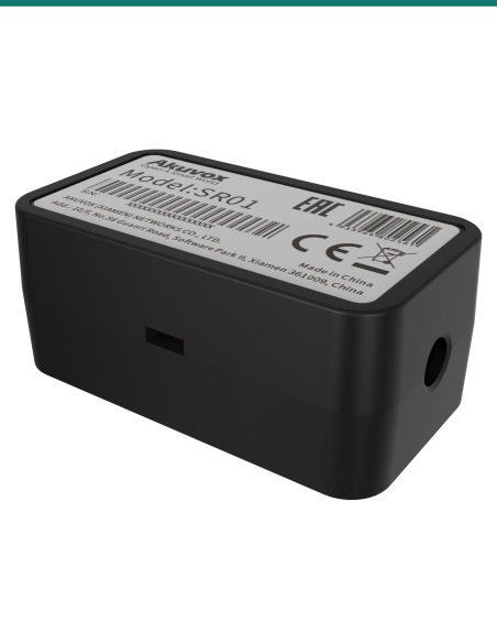 Akuvox SR01 secure relay module — left three-quarter view