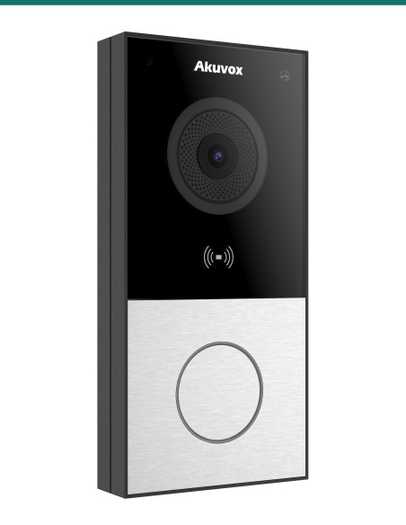 Akuvox E12S silver video doorbell — left three-quarter view Akuvox E12S silver video doorbell — left three-quarter view