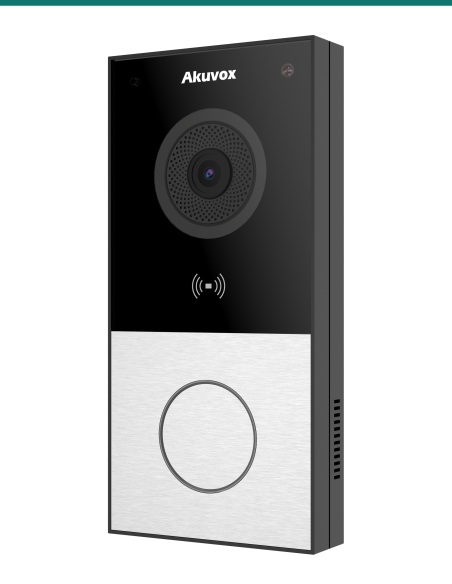 Akuvox E12S silver video doorbell — right three-quarter view Akuvox E12S silver video doorbell — right three-quarter view