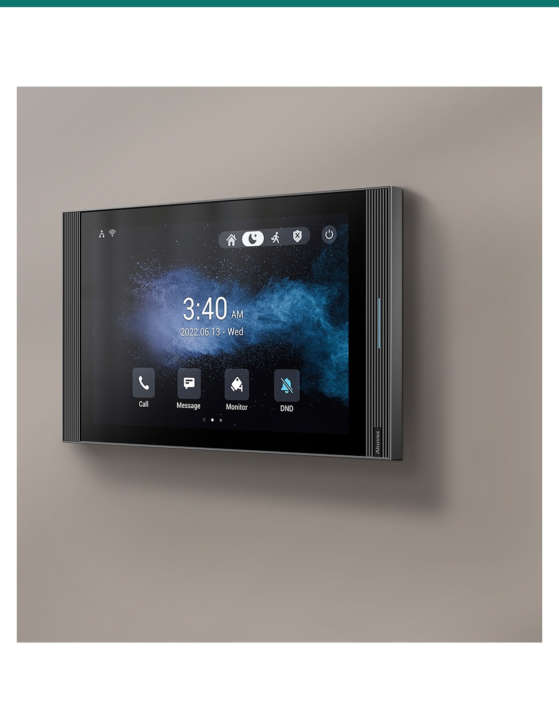 Akuvox S567 grey indoor monitor mounted on a living-room wall