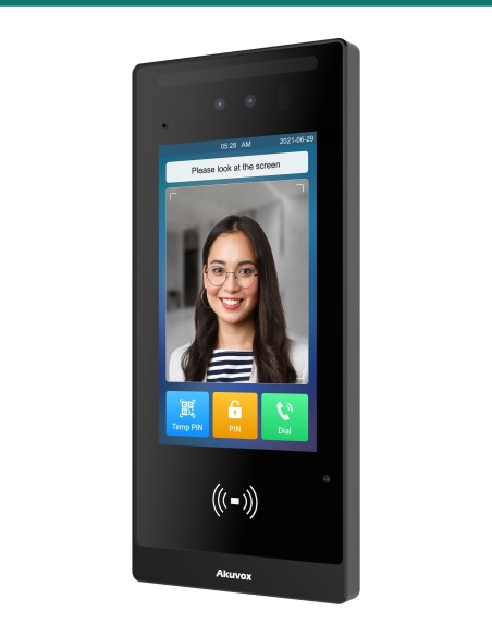 Akuvox E18C facial recognition door phone — right three-quarter view Akuvox E18C facial recognition door phone — right three-quarter view