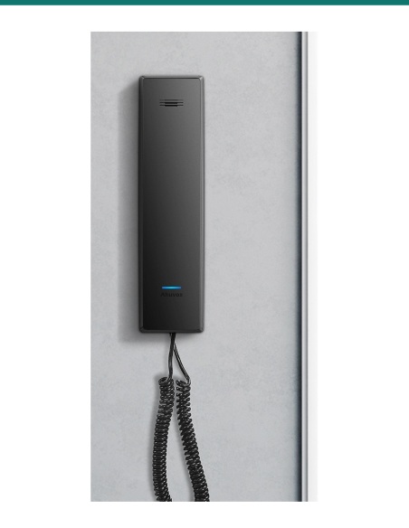 Akuvox S560 black SIP audio handset mounted on a wall — front