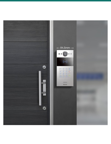 Akuvox R20K-L silver door phone mounted beside a narrow entry door