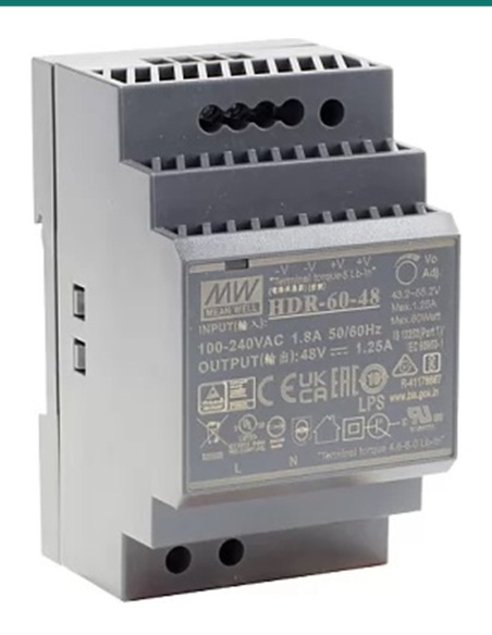 Akuvox HDR-60 48 V DIN-Rail Power Supply for NS-2 2-Wire Switch — AK-HDR-60-SPEC