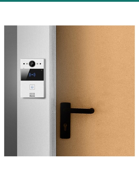 Akuvox R20A silver door phone mounted beside a narrow door