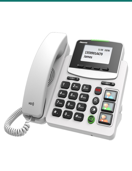 Akuvox R15P big-button SIP phone — right three-quarter view Akuvox R15P big-button SIP phone — right three-quarter view