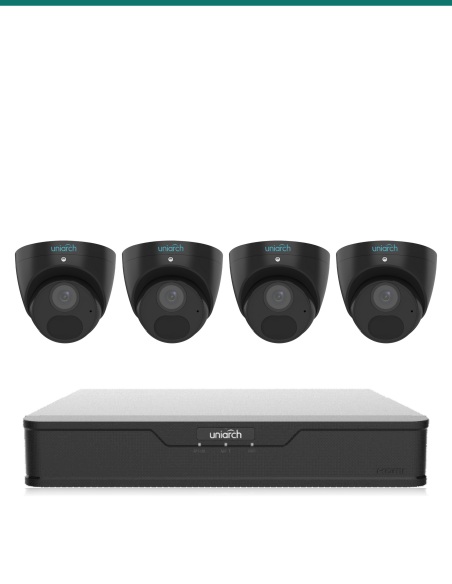 Uniarch Midnight 4K Kit — 4× IPC-T1E8-B Black Turret + 4CH NVR-104B-P4