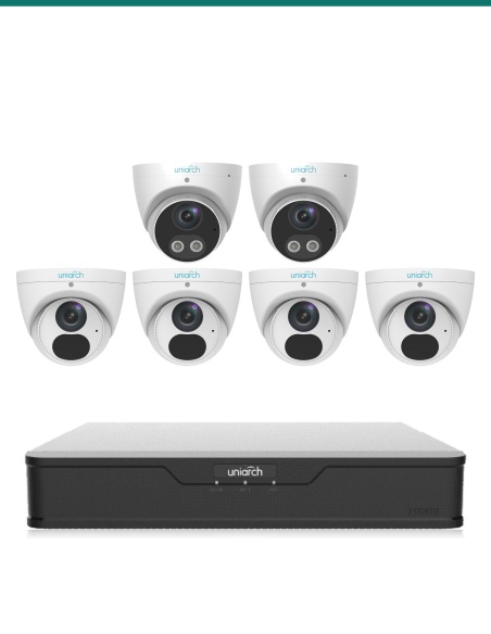 Uniarch Perimeter Plus Kit — 2× IPC-T1P8 Tri-Guard Turret + 4× IPC-T1E8 Turret + 8CH NVR-108B-P8