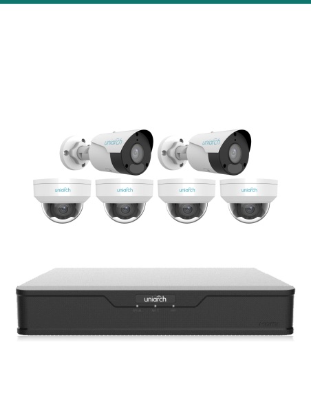 Uniarch Business Value 6MP Kit — 2× IPC-B1E6 6MP Bullet + 4× IPC-D1E6 6MP Dome + 8CH NVR-108B-P8