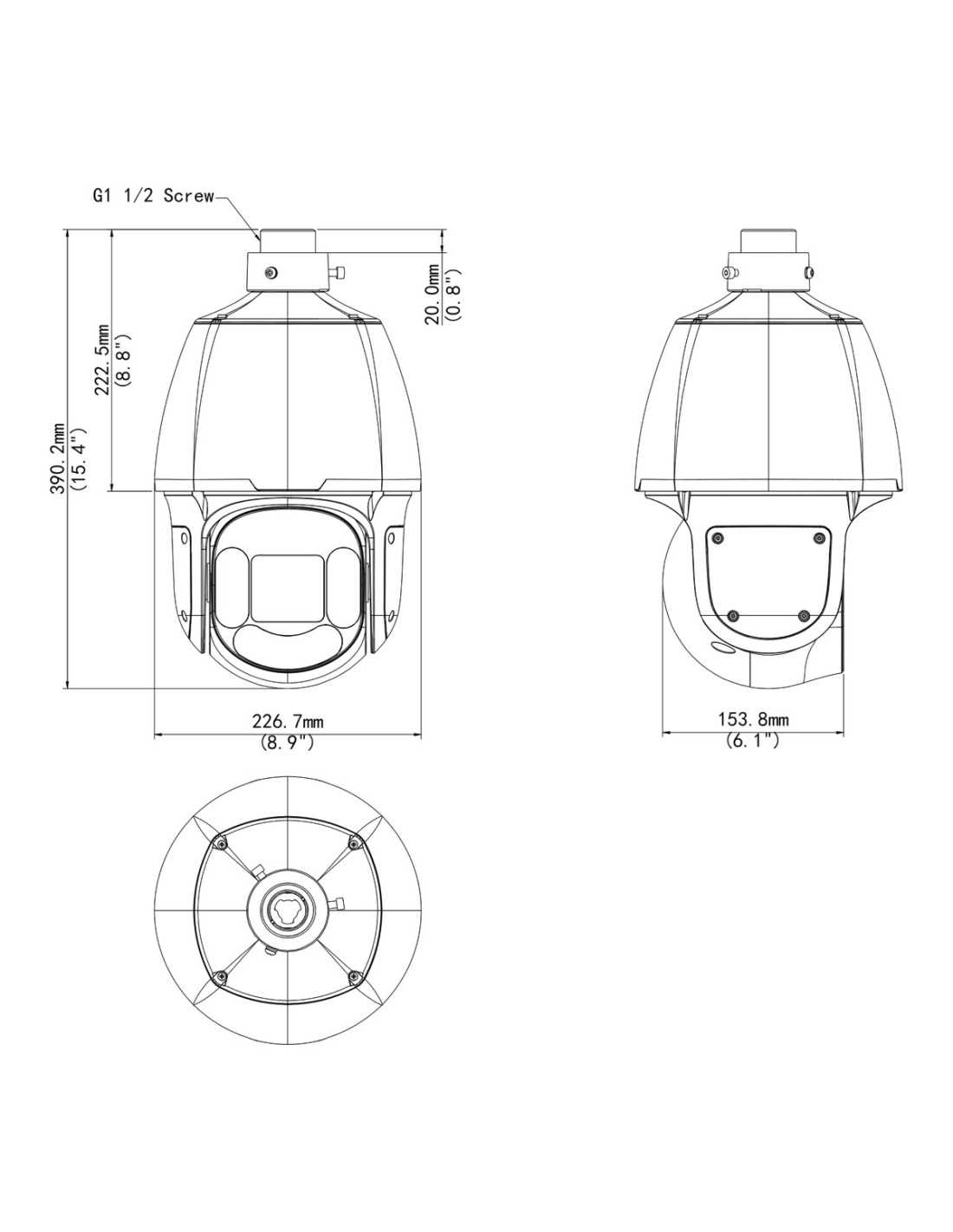 Uniview IPC6624SFW-X25-C-VH2 4MP 25x Tri-Guard dual-light PTZ camera, dimension drawing