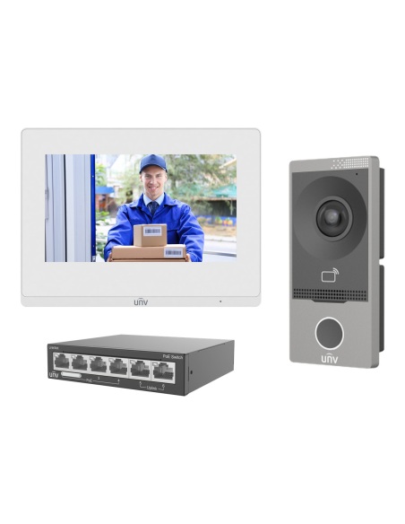 Uniview IP Video Intercom Kit, 2MP Villa Door Station, 7" White Indoor Station, 4-Port PoE Switch - KIT/201S/372S/NSW2020