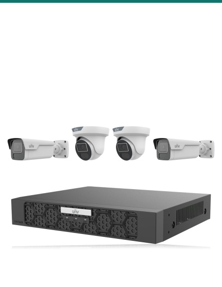Uniview Driveway & Doors 4K Kit — 2× IPC2B18SS LightHunter Bullet + 2× IPC3618SS LightHunter Turret + 4CH NVR501-04B-P4-IQ