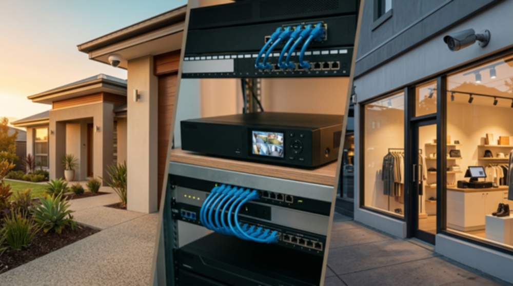 CCTV buying guides hub hero — a three-panel composition showing an Australian suburban home with a PoE dome camera under the eave, a modern black 8-channel PoE NVR in a tidy comms cabinet with blue Cat6 patch leads, and a retail shopfront with a bullet camera mounted above the entrance at dusk