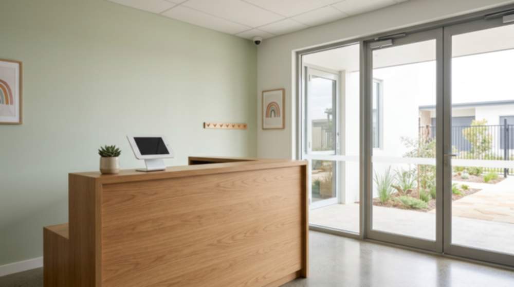 Clean, well-lit Australian childcare centre reception with a sign-in desk, glass front doors and a discreet PoE dome CCTV camera in the corner of the ceiling