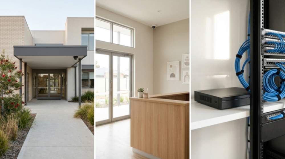 Three-panel neutral composition showing an Australian primary school entry, a childcare centre reception sign-in area, and a clean PoE NVR rack — the three guides in the education CCTV cluster