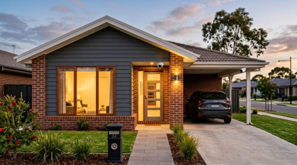 Modern Australian suburban home at dusk with a discreet PoE dome CCTV camera mounted under the eave near the front entrance — a typical residential wired PoE install on an 8 channel NVR