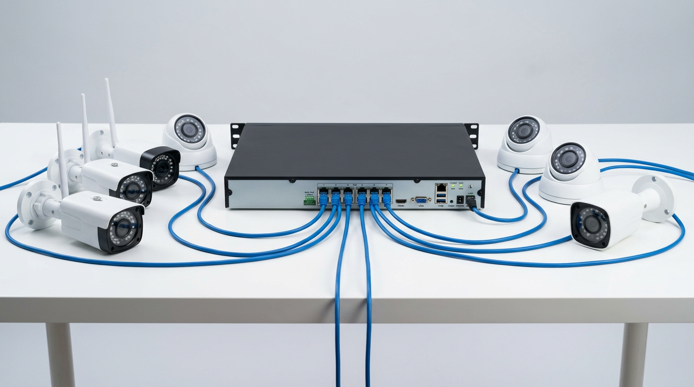 Clean product-style image of an 8 channel PoE NVR on a desk with Cat6 cables running to multiple dome and bullet IP cameras arranged around it, representing a complete 8 camera CCTV system