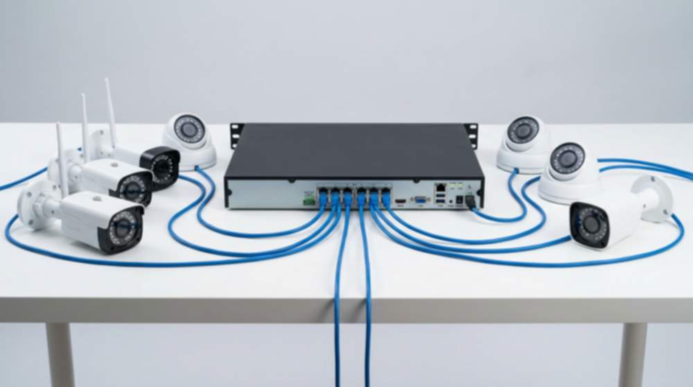 Clean product-style image of an 8 channel PoE NVR on a desk with Cat6 cables running to multiple dome and bullet IP cameras arranged around it, representing a complete 8 camera CCTV system
