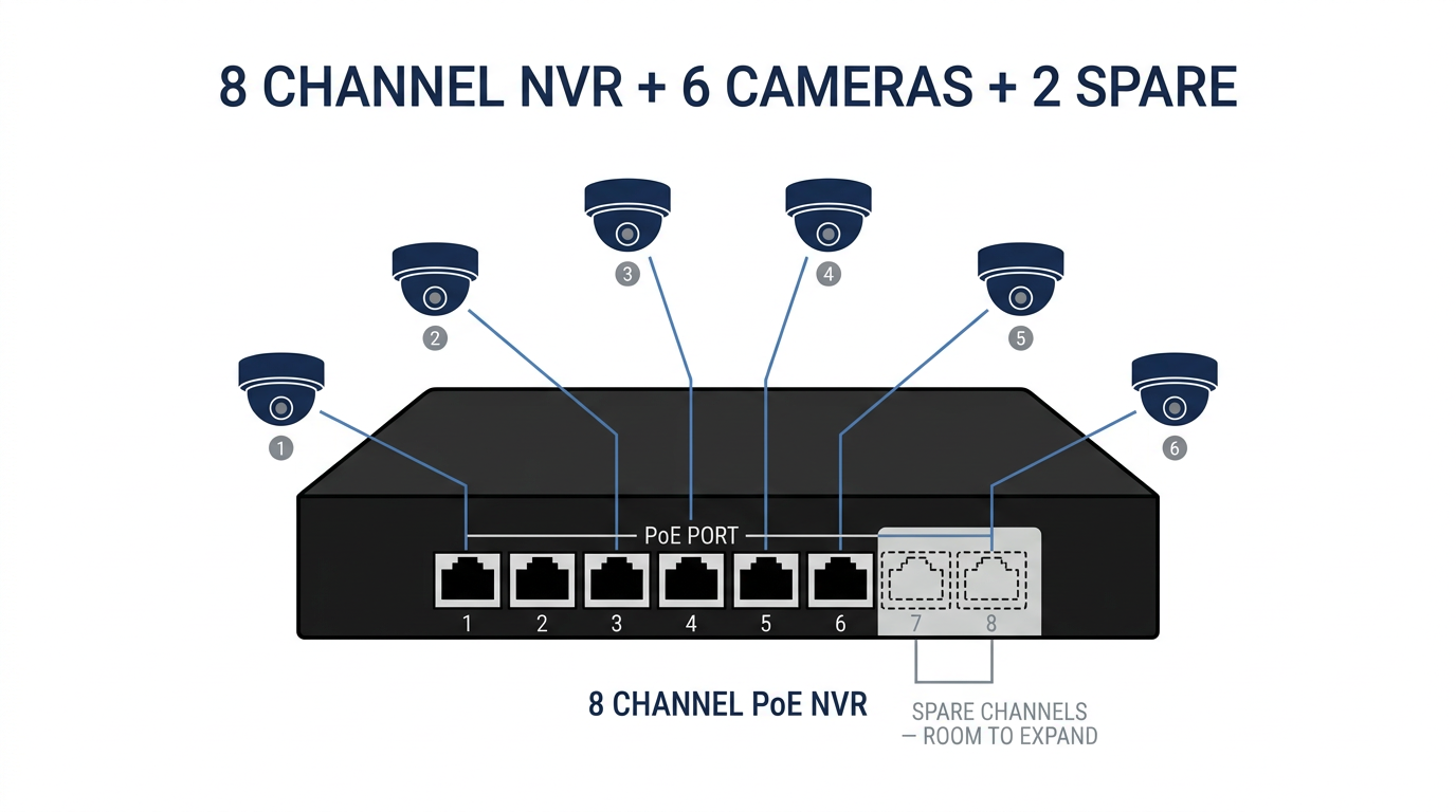 Diagram showing an 8 channel NVR with 6 cameras connected and 2 empty PoE ports labelled as spare channels for future expansion